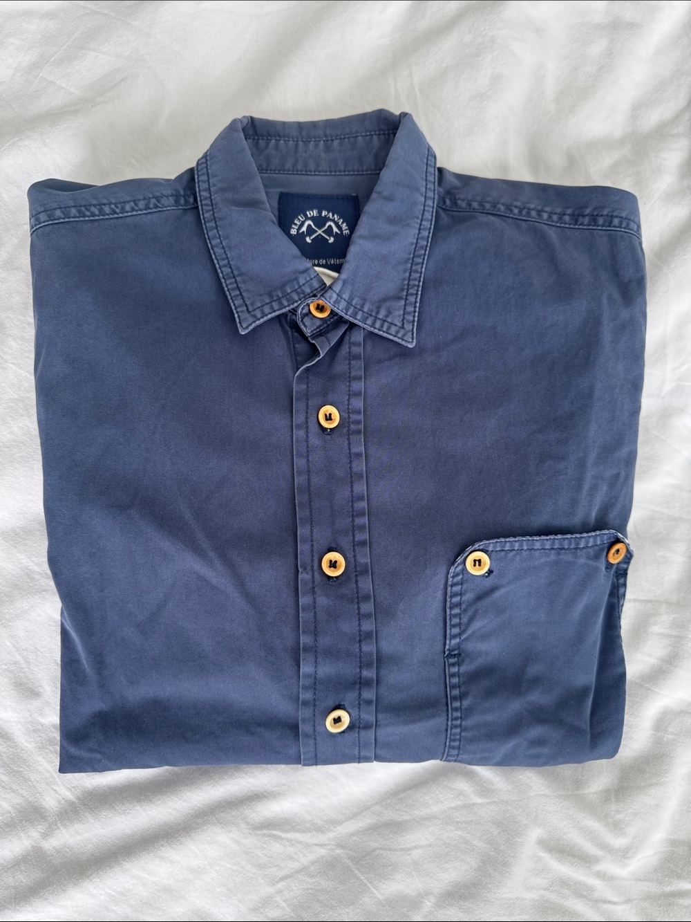 Bleu de Paname Relaxed Navy Button-Down Shirt with Wood-Tone Buttons